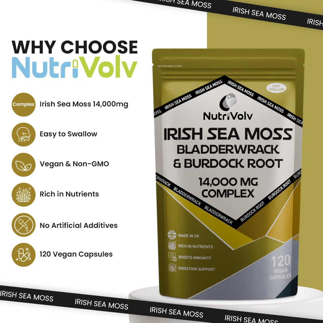 NutriVolv Irish Sea Moss, Bladderwrack & Burdock Root Complex 14,000mg | 120 High Strength Capsules Providing 120 Day Supply | North Atlantic Irish Sea Moss Supplement | No Fillers or Binders | Vegan & UK Made