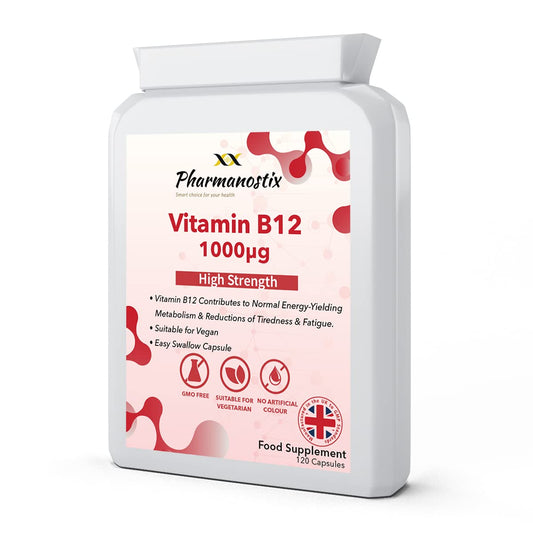 Vitamin B12 Methylcobalamin Supplement 1000mcg - 120 Easy Swallow Daily Capsules - High Strength – Contributes to Reduction of Tiredness and Fatigue- UK Manufactured to GMP Standards Pharmanostix