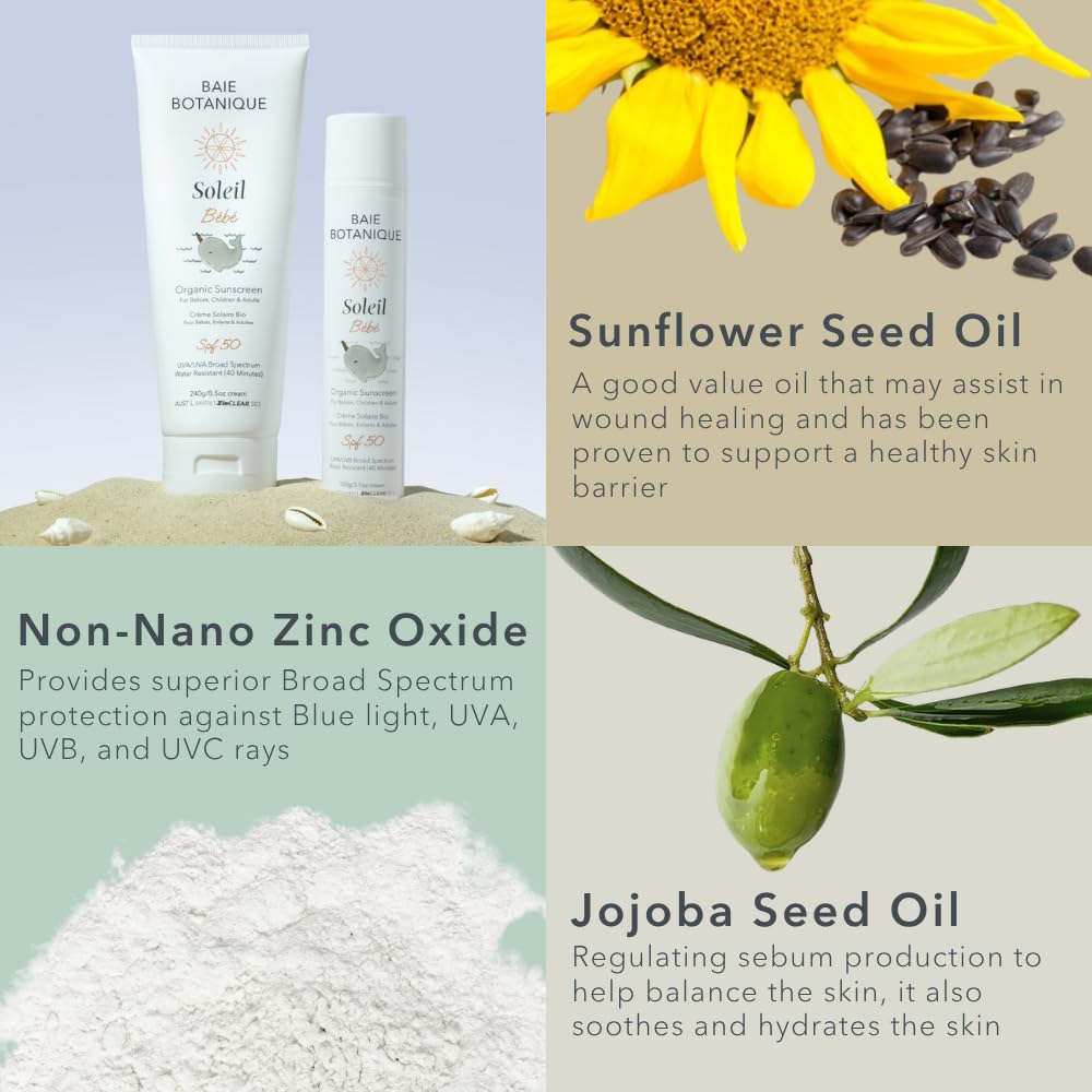 NEW – Baie Botanique Soleil Bébé – Organic Mineral Baby & Children Sunscreen SPF 50 – Non-Nano Zinc Oxide – Sunflower & Jojoba – Unscented – Vegan – Reef Safe – Broad Spectrum UVA/UVB- 100g