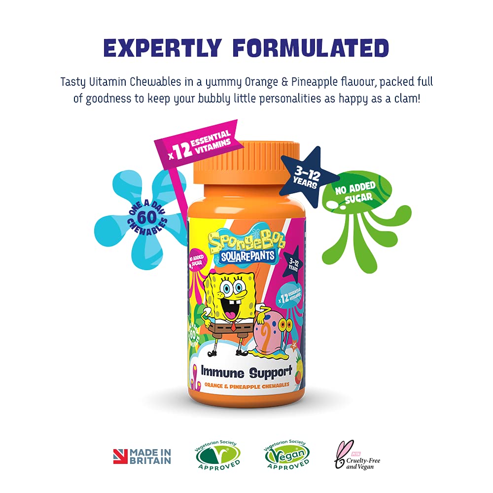 SpongeBob SquarePants Immune Support, 60 Orange & Pineapple Chewables with 12 Essential Vitamins, Vegan, No Added Sugar, for 3-12 Year Olds Duo Pack