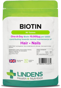 Lindens - Biotin 10,000mcg, 90 Tablets - Maintenance of Normal Hair, Skin & Nail, Normal Metabolism - Ultra-Potent 20000% NRV Strength - UK Made, Letterbox Friendly