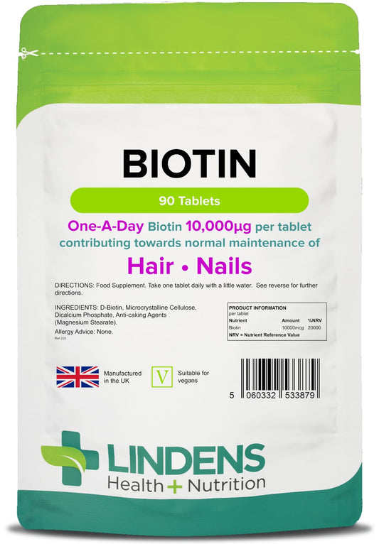 Lindens - Biotin 10,000mcg, 90 Tablets - Maintenance of Normal Hair, Skin & Nail, Normal Metabolism - Ultra-Potent 20000% NRV Strength - UK Made, Letterbox Friendly