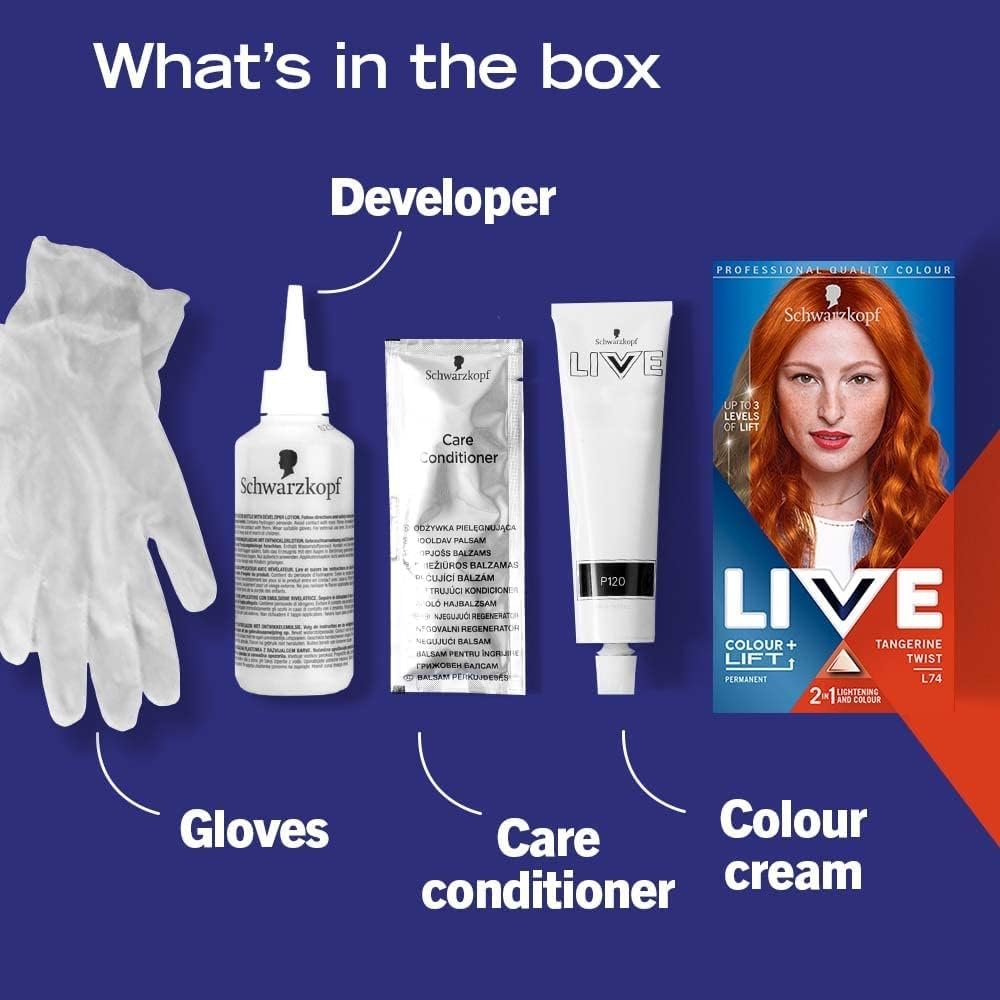 Schwarzkopf LIVE Colour + Lift, Long-Lasting Permanent Copper Hair Dye, Lightens Up To 3 Levels, Tangerine Twist L74,package may vary