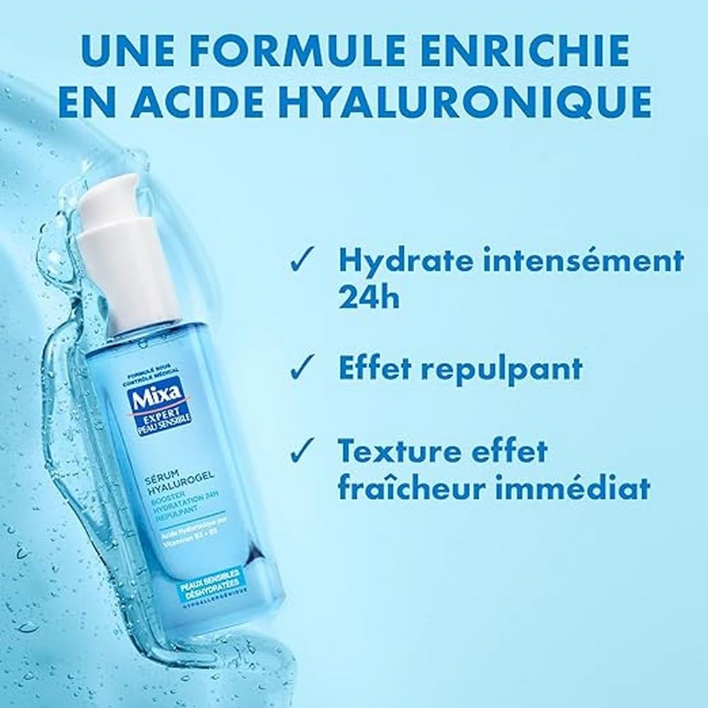 Mixa Expert Sensitive Skin - Hyalurogel Serum - 24H Hydration Booster - Pure Hyaluronic Acid, Vitamin B3 + B5