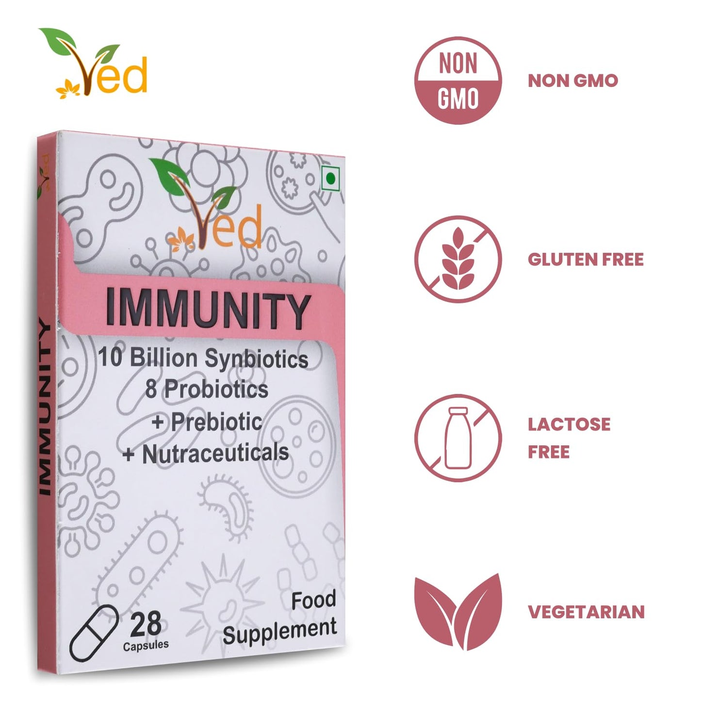 VED Immunity Complex Probiotics and Prebiotics Complex - 10 Billion CFU - 20 Live Bacterial Cultures - 28 Probiotic Complex Capsules for femaie & Male - Lactobacillus Plantarum 28 days Supply.