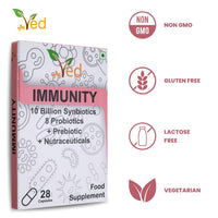 VED Immunity Complex Probiotics and Prebiotics Complex - 10 Billion CFU - 20 Live Bacterial Cultures - 28 Probiotic Complex Capsules for femaie & Male - Lactobacillus Plantarum 28 days Supply.