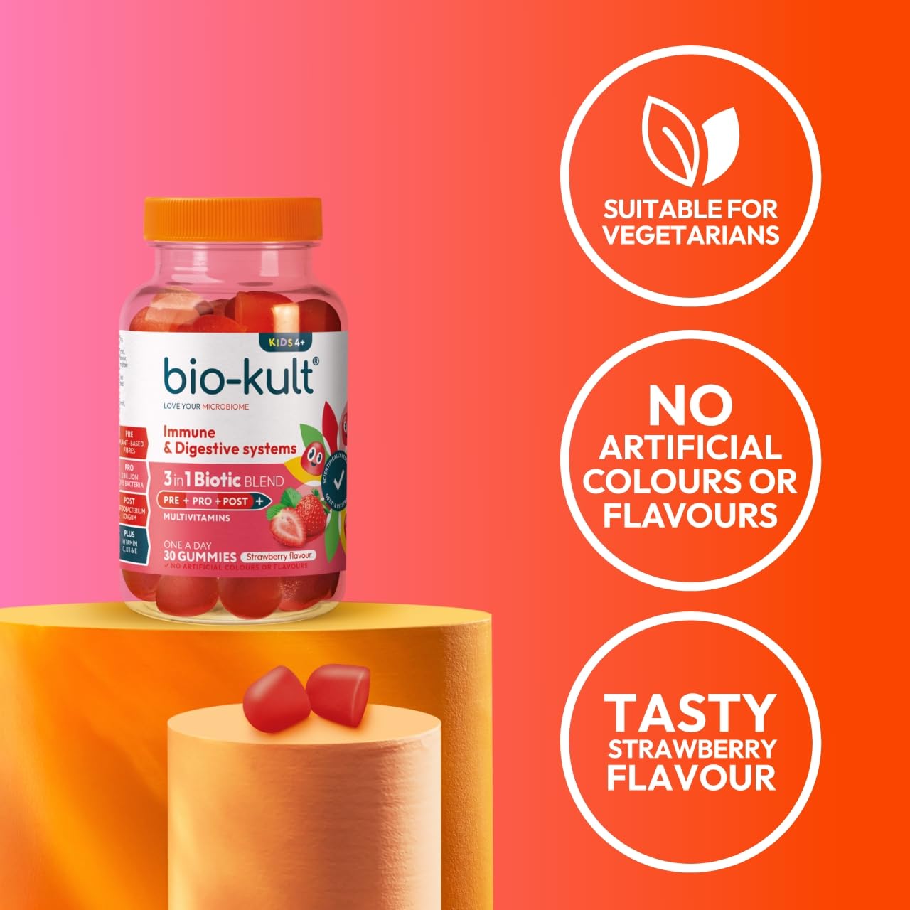 Bio-Kult 3in1 Biotic Blend Probiotic Gummy with Multivitamins, for Kids 4+, Strawberry Flavour, 30 Gummies