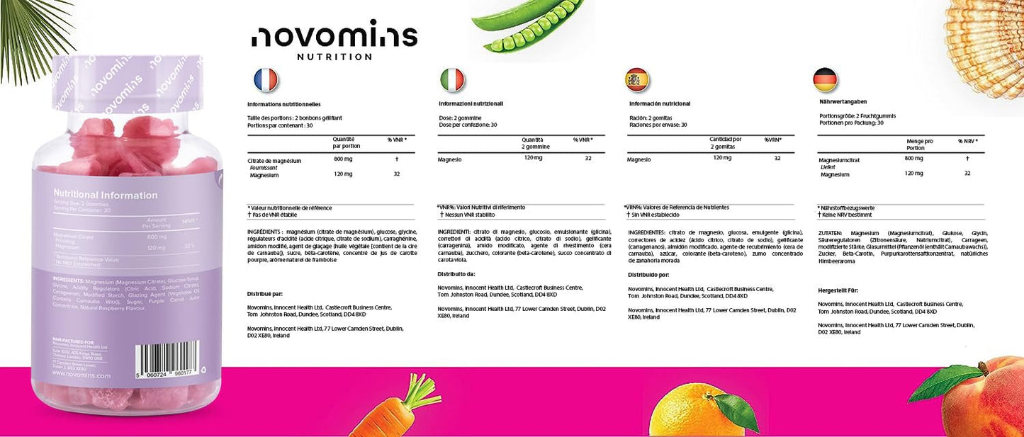 Magnesium Gummies - Vegan - 1 Month Supply - Gluten Free - Chewable Magnesium Supplements - 800mg Magnesium Citrate Providing 120mg of Magnesium - Made by Novomins