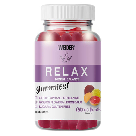 Weider Relax Gummies (40 Gums) Citrus Punch Flavour. Gummies with L-Theanine, L-Tryptophan, Passionflower and Lemon Balm extracts, Vitamin B6. Facilitates Relaxation. No Added Sugars, Gluten-Free.