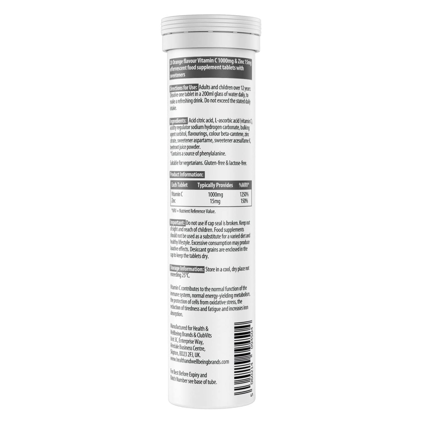 Vitamin C 1000mg & Zinc 15mg Orange Flavour Effervescent Tablets - High Strength Tablets for a Healthy Immune System (2 Tubes)