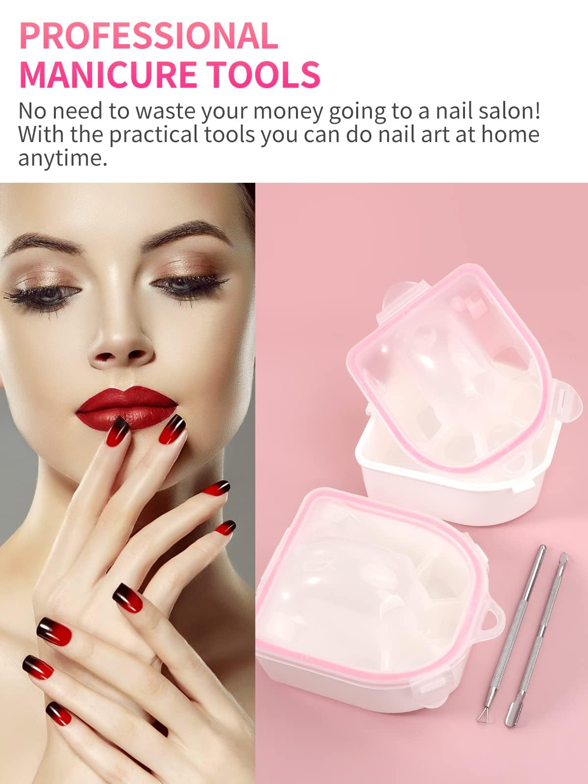Yokilly Nail Soaking Bowl,2PCS Soak Off Gel Polish Dip Powder Remover Manicure Bowl with Triangle Cuticle Peeler and Stainless Steel Cuticle Pusher Nail Art Tool (Pink)