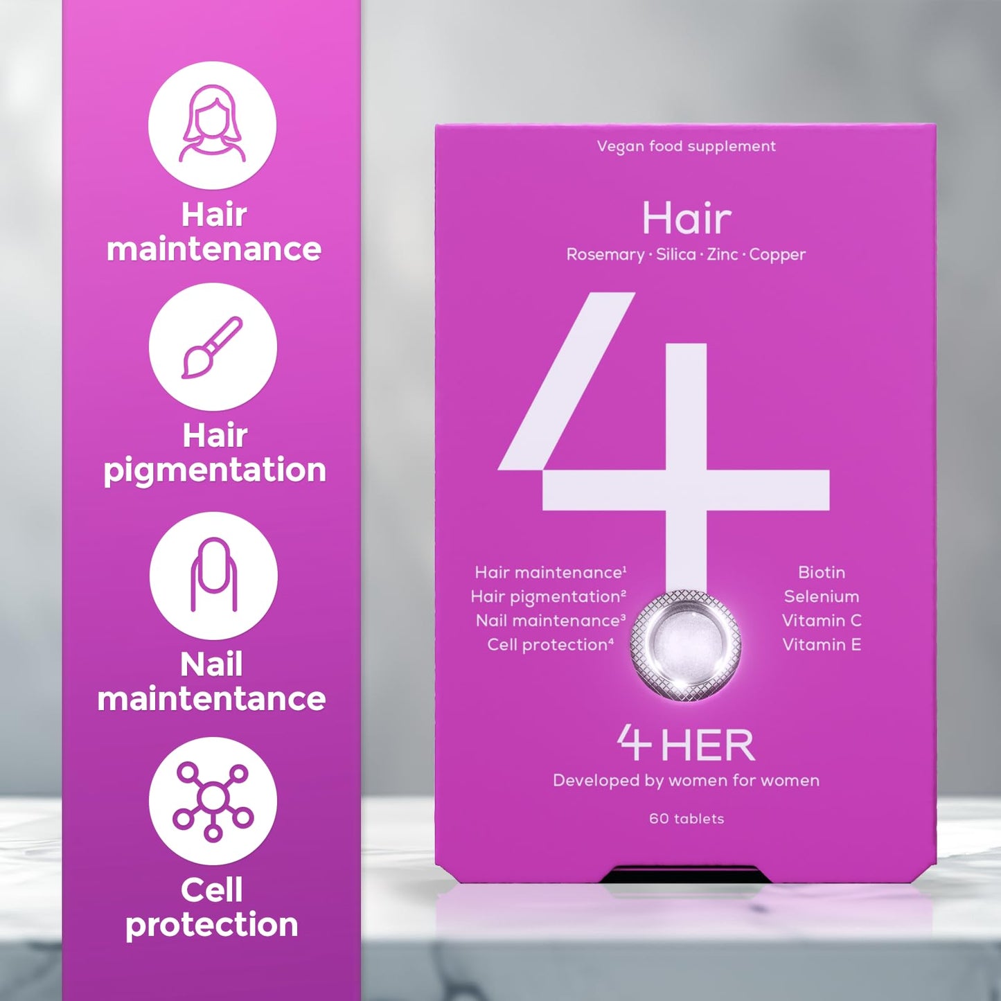 4 Her Hair supplements for women - 60 Vegan Tablets - Hair and Nails Vitamins for Women - Biotin, Rosemary, Selenium, Zinc, Copper and Millet Extract - for Hair and Nail Maintenance