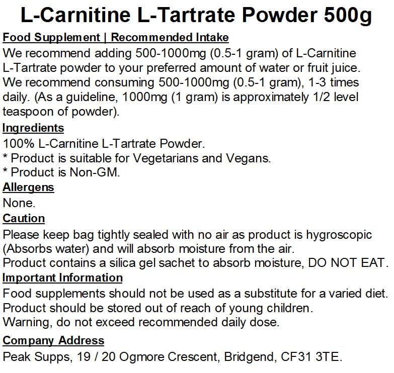 Peak Supps L-Carnitine L-Tartrate Powder 500g | Pure