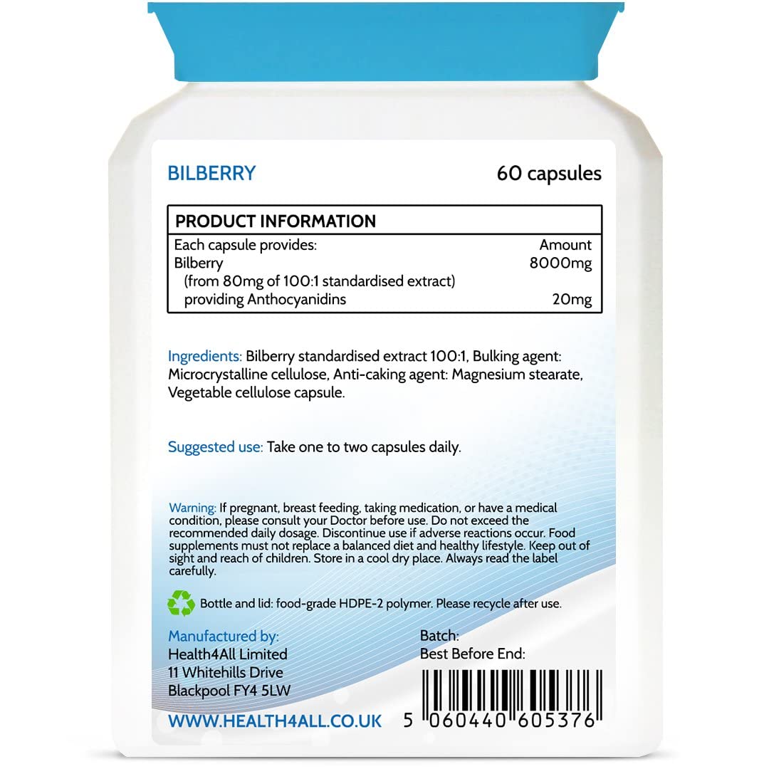 Bilberry Strong Extract 8,000mg 60 Capsules (V) Vegan Capsules (not Tablets). Antioxidant for Eyesight. Made in The UK by Health4All.