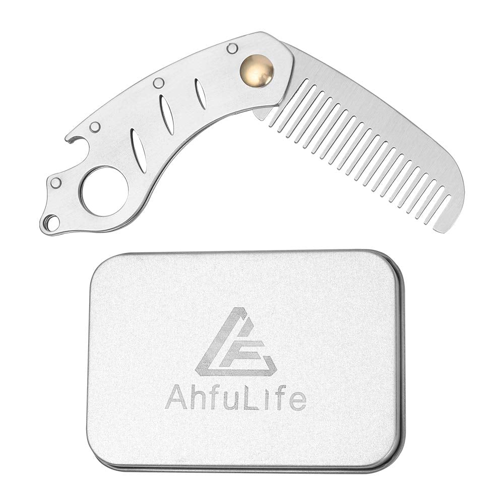 Metal Folding Beard Comb for Men, AhfuLife Moustache Pocket Foldable Comb With Bottle Opener Fits in Keychain, Stainless Steel Hair Beard Mustache Care - Presented in Gift Box (Silver)