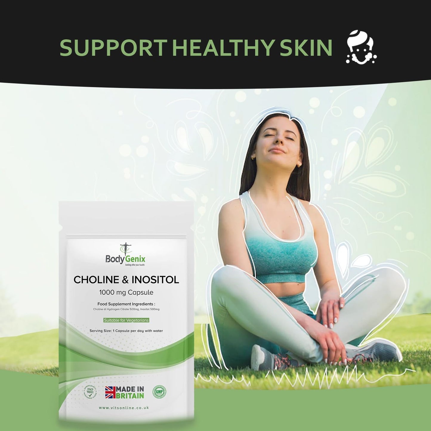 Bodygenix Choline & Inositol Capsules - 1000mg Healthy Skin Brain Health & Metabolic Support Food Supplement - Natural Vegan Friendly 30 Capsules, 1 Month Supply