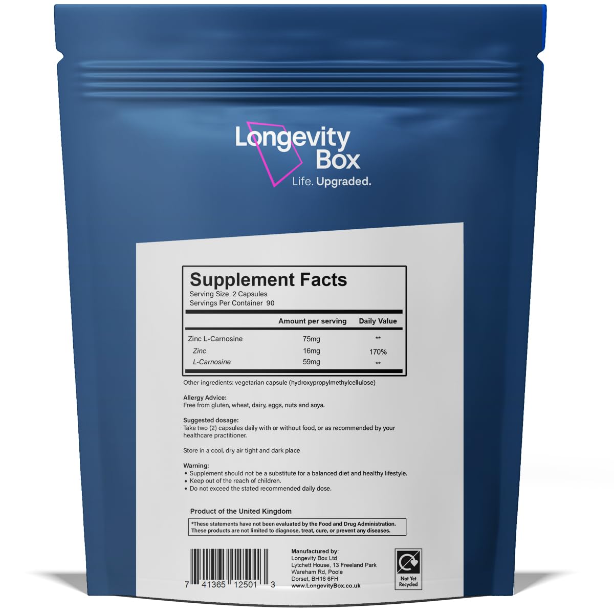 Longevity Box Zinc L-Carnosine Supplement - 75mg of Maximum Bioavailable Zinc L-Carnosine Per Serving, Supports Gut Health, Nutrient Absorption, Digestive Comfort - 180 Capsules, 3 Months Supply