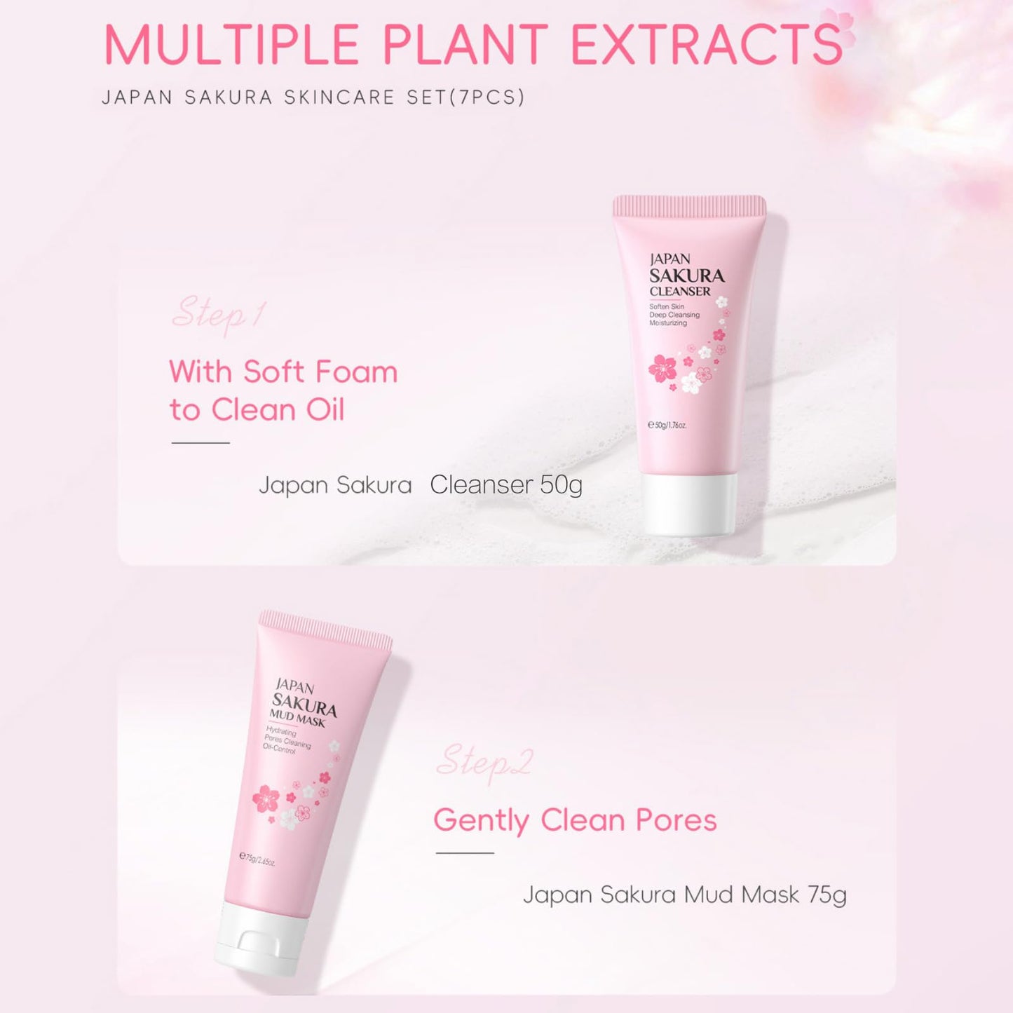 Ingzy Sakura Skin Care Sets & Kits for Teenage Girls, 7 Piece Cherry Blossom Skincare Gift Set with Cleanser, Face Toner, Face Cream, Serum, Eye Cream, Mud Mask, Sunscreen