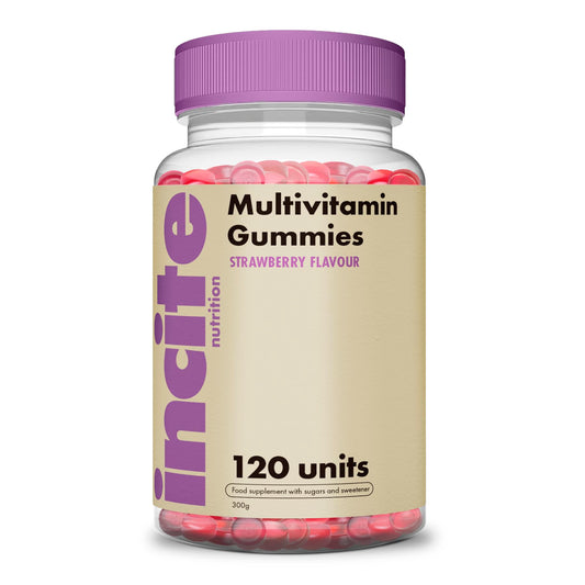 Incite Nutrition Multivitamin Gummies. 120 Strawberry Flavour Chewable Biotin Gummies. Contain Vitamins A, B6, B12, C, D3, E, Folic Acid and Zinc. 2 Month Supply of Multivitamins for Adults