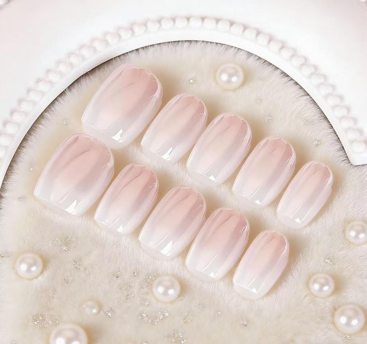 MouyouGlow Short False Nails, Square Pink Gradient White Chrome Glazed Donut Hailey Bieber Press on Nails with Glue, Natural Pink Ombre White Solid Fake Nails