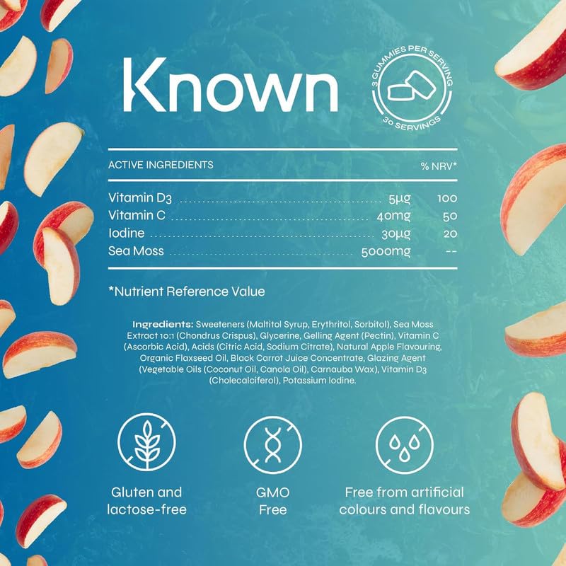 Known Tasty Sea Moss Gummies - 5000mg Sea Moss, Vitamin C, Iodine - Supports Immunity - Natural Apple Flavour - 60 Vegan Gummies, 1 Month Supply