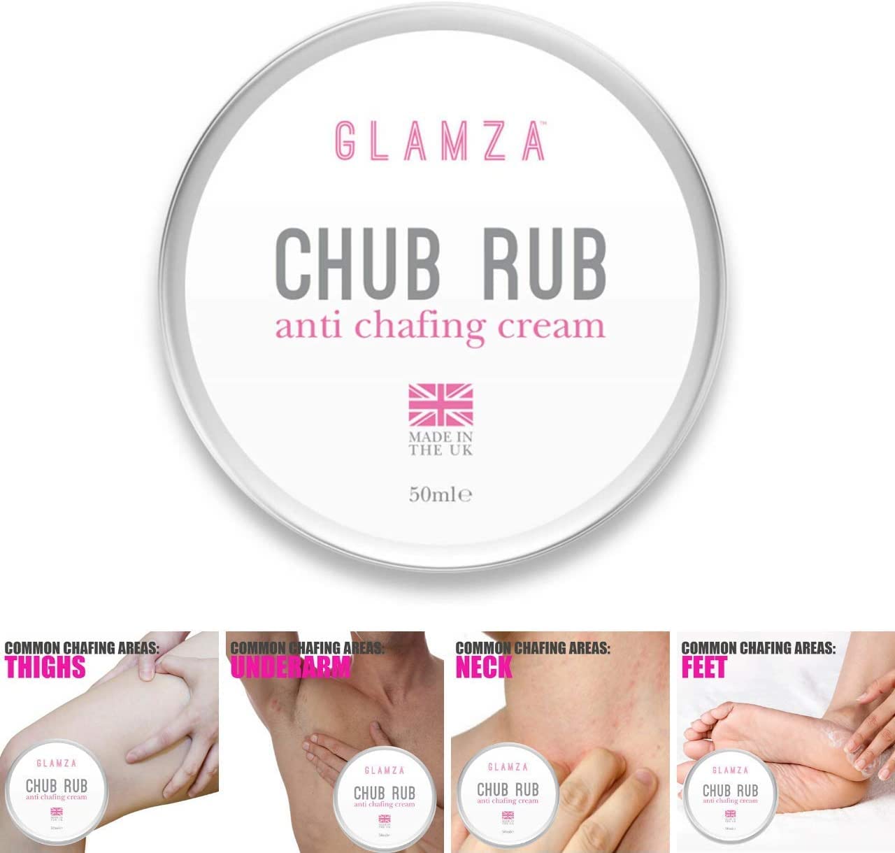 Glamza Chamois Cream GLAMZA ‘Chub Rub’ Anti Chafing Cream & Pair of Thigh Bands for Men & Women - Prevents Chaffing for Cyclists, Runners and More 50ml (Size D (58-65cm))