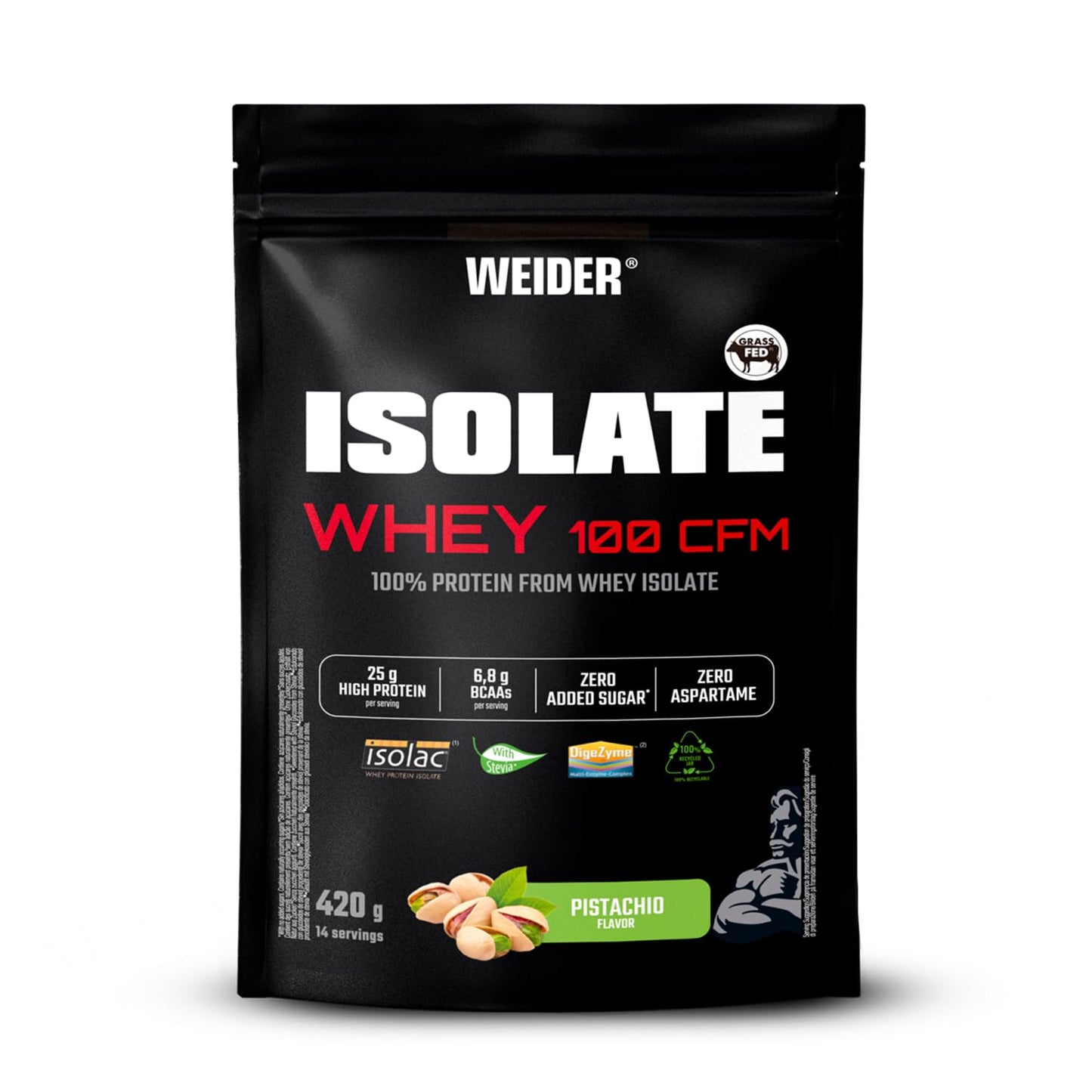 Weider Isolate Whey 100CFM (420g) Pistachio Flavour, Protein 100% Isolate Whey from Isolac®, 25g Protein/Portion, with Digestive Enzymes Digezyme®, No Added Sugar, No Aspartame, Low Fat, 14 servings