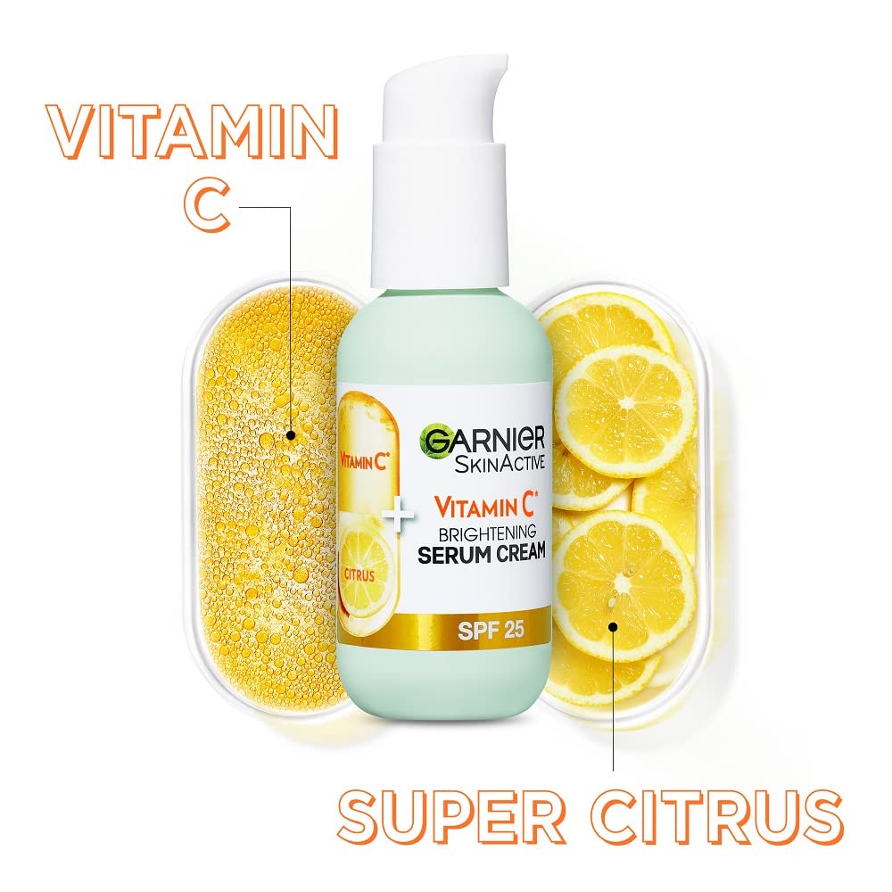 Garnier Vitamin C Serum Cream, 2in1 Formula With 20% Vitamin C serum & SPF 25 Moisturiser, Hydrate & Reveal Bright Glowing Skin, Organic & Vegan Formula, 50ml