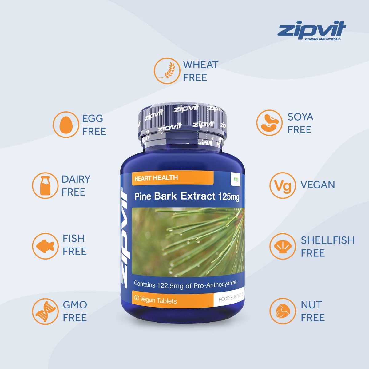 Zipvit Pine Bark Extract 125mg, 60 Vegan Tablets, High Strength Pine Bark Extract, Rich in 122.5mg Proanthocyanidins, Powerful Antioxidant Support