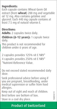A.Vogel Wheat Germ Oil Capsules is a cold pressed oil rich in vitamin E, an antioxidant, in capsule form for convenience, 120 capsules