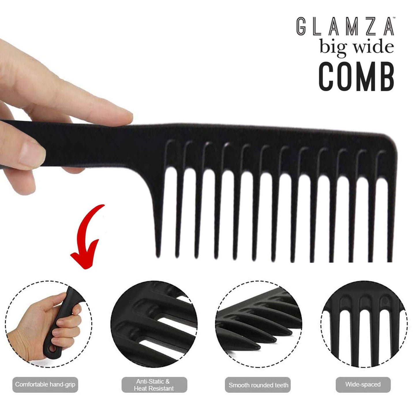 Glamza Wide Tooth Comb GLAMZA Jumbo Wide Detangling Comb - Perfect Afro Comb for Long, Wet or Curly Hair - HUGE 24.5cm Long (Black)