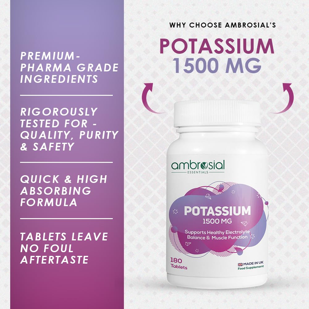 Ambrosial Potassium Chloride 1500mg – High Strength Potassium Supplement | Made in UK | Gluten Free, Non-GMO | 180 Tablets