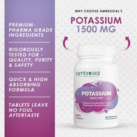 Ambrosial Potassium Chloride 1500mg – High Strength Potassium Supplement | Made in UK | Gluten Free, Non-GMO | 180 Tablets