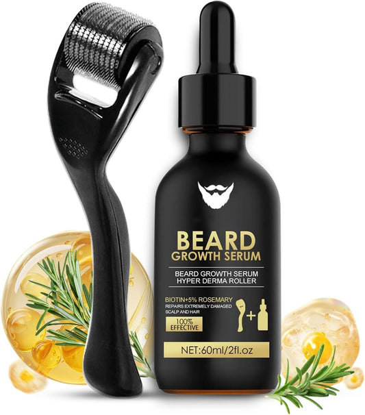BloomBelle Beard Growth Serum with Derma Roller for Hair, Beard, Biotin Beard Growth Kit, Beard Roller, Rosemary Oil Beard Growth Oil, Rapid Growth & Thickening, Beard Grooming Kit For Men