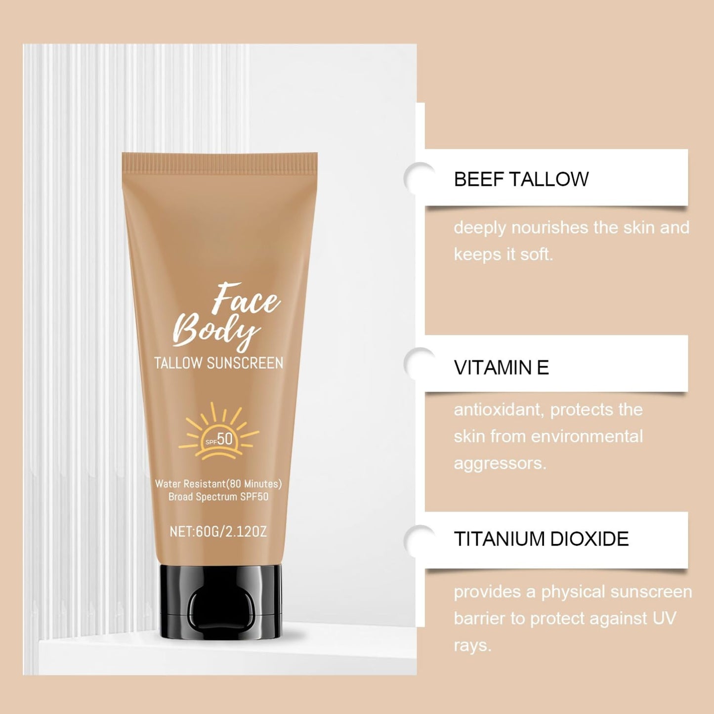 ISBEAUSOLS Organic Tallow Sunscreen SPF 50 | Mineral Sunscreen with Beef Tallow for Dry Skin | Natural Sun Cream | Lightweight,Non-Greasy Formula | Anti-Aging,Vitamin E Nourishment | Effective Skin Protection