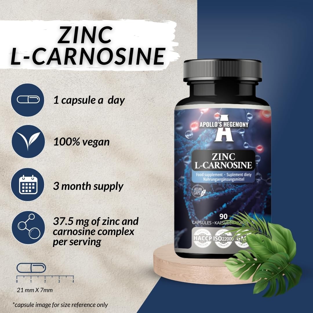 Zinc L-Carnosine 37.5 mg per Capsule - 90 Vegan Capsules - 3 Months Supply - for Skin, Hair & Nail Health - Supplement by Apollo's Hegemony