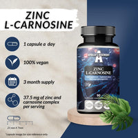 Zinc L-Carnosine 37.5 mg per Capsule - 90 Vegan Capsules - 3 Months Supply - for Skin, Hair & Nail Health - Supplement by Apollo's Hegemony