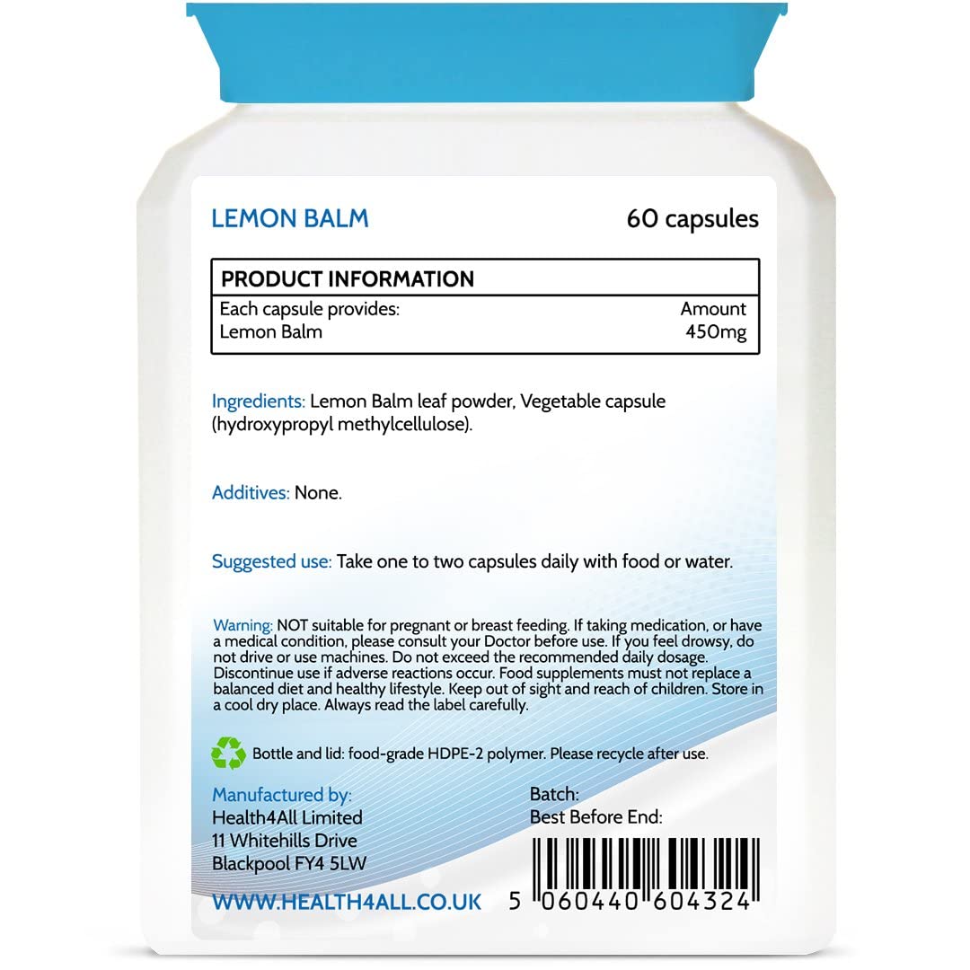 Health4All Lemon Balm 450mg 60 Capsules (V) (not Tablets) Purest- no additives, Vegan. Melissa for Anxiety, Stress and Sleep
