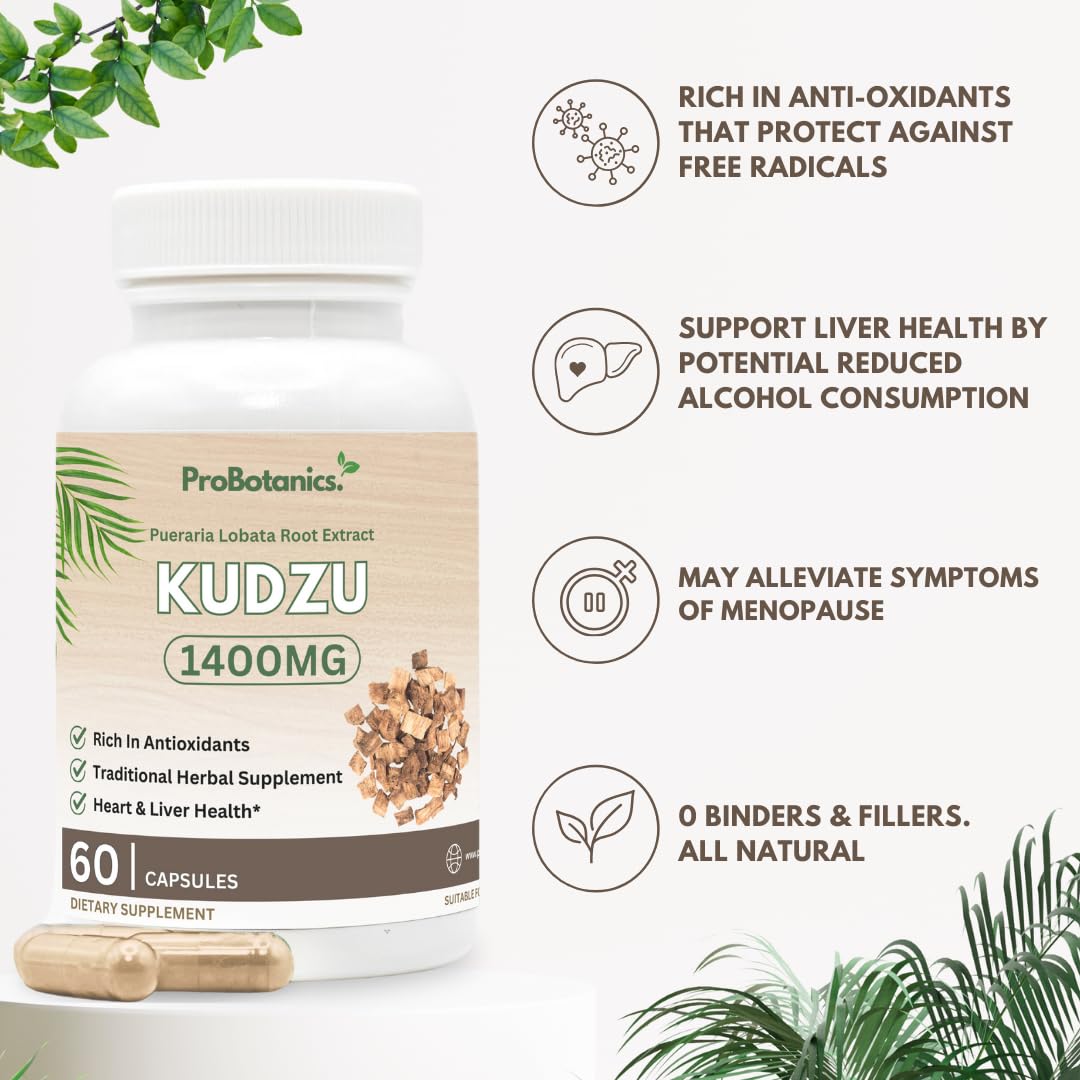 ProBotanics Kudzu Root Capsules 1400mg | High Strength 40% Isoflavones | Alcohol Craving Support, Liver Cleanse Detox, Enhanced Anti-Inflammatory | Organic Natural Health Booster