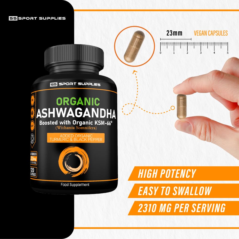 Organic Ashwagandha Capsules 1200mg Boosted with 100mg of Organic KSM-66 with 5% Withanolides with Added Organic Turmeric 200mg and Organic Black Pepper - Providing 1500mg Per Serving