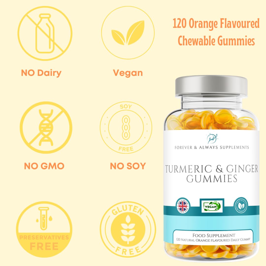 Forever & Always Supplements Turmeric Gummies & Ginger - 120 x Orange Flavoured High Strength 13500mg of Turmeric Curcumin Per Serving, 2 Months Supply Daily Gummy for Adults & Suitable for Vegans