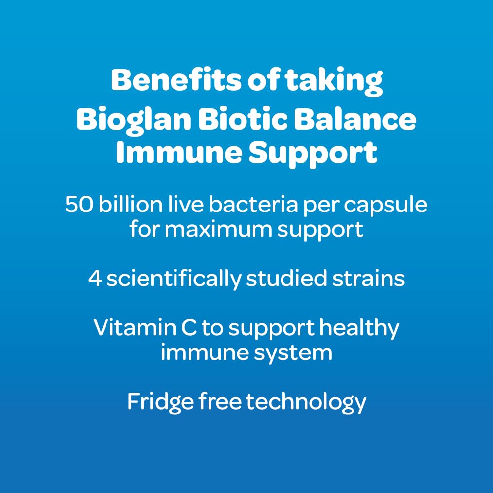 Bioglan Biotic Balance 50 Billion CFU, with Vitamin C for Digestive Health and Immune Support, Super Strength, 4 live strains, fridge free, one month supply - 30 capsules