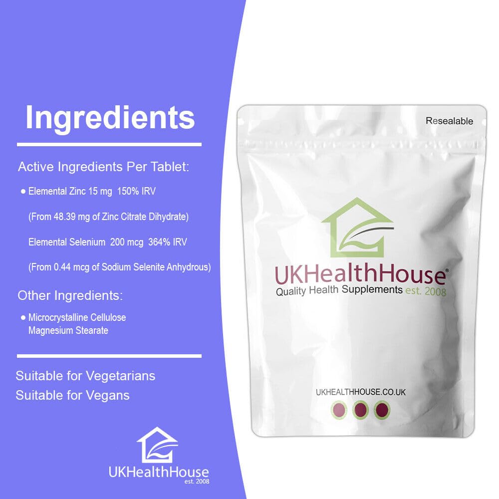 UKHealthHouse Selenium 200mcg and Zinc 15mg Supplement | Hair Skin and Nails Support | Selenium and Zinc Tablets | Immune System (90 tabs)