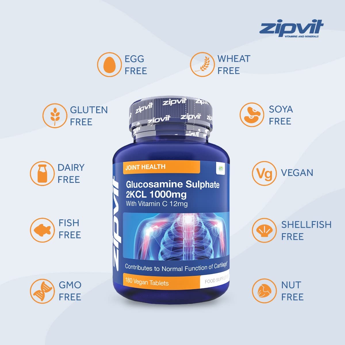 Glucosamine 2kcl 1000mg with Vitamin C, 180 Vegan Glucosamine Sulphate Tablets. Maintains Normal Joint Cartilage. 6 Months Supply, UK Manufactured Glucosamine Sulphate 1000mg.