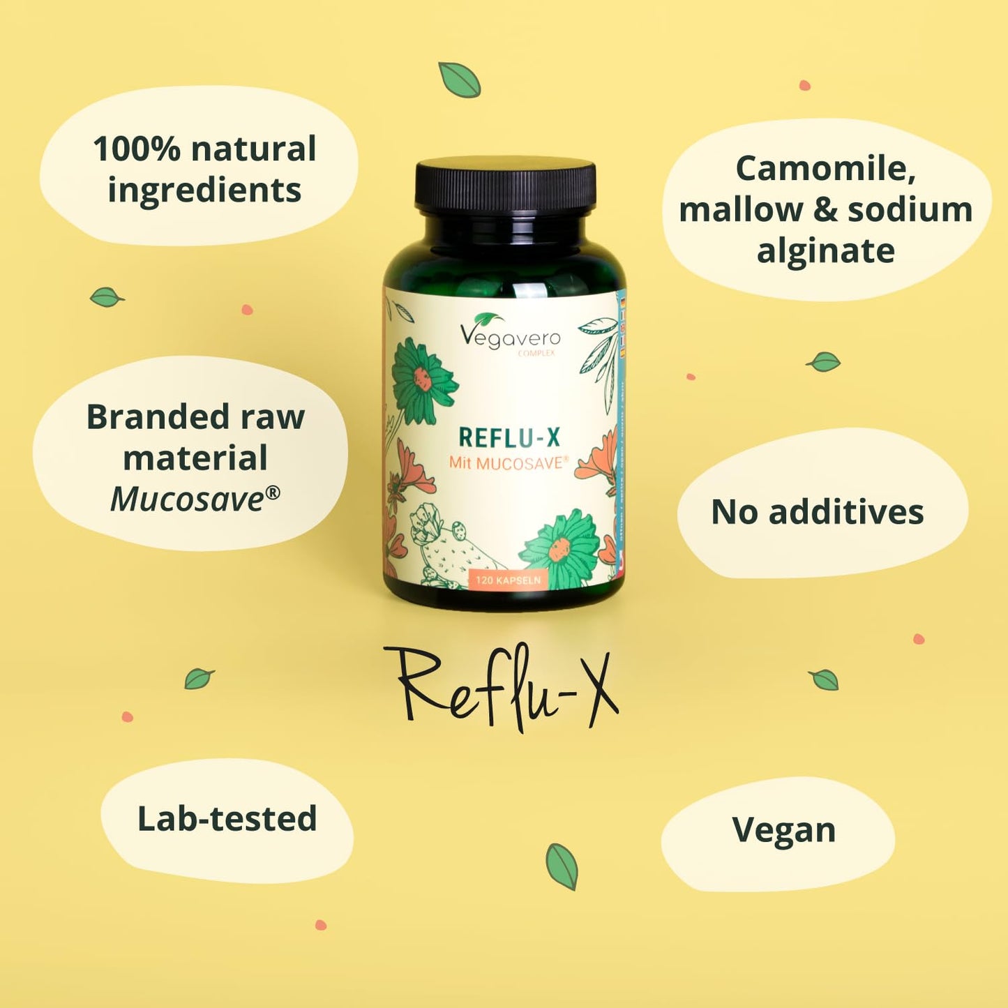 Vegavero Reflu-X Complex | Natural Antacid | Stomach Capsules for Reflux and Gastritis | with Mucosave®, Olive Leaf Extract, Sodium Alginate, Chamomile | NO Additives | 120 Capsules | Vegan