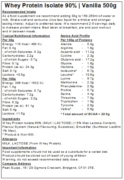Peak Supps Whey Protein Isolate 90% - All Flavours (Vanilla, 500g)