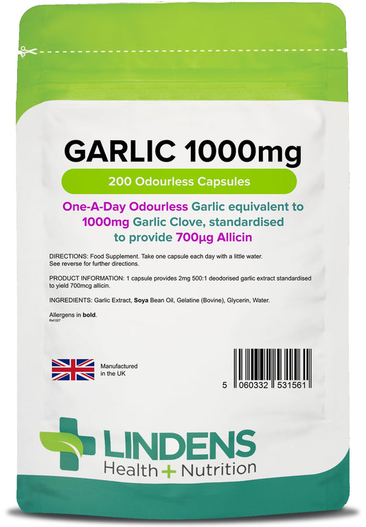 Lindens Garlic 1000mg - 200 Odourless Capsules - Standardised to Provide 700mcg Allicin (Equivalent to 1000mg Fresh Garlic) - 6+ Months Supply - GMP & Letterbox Friendly - UK Made