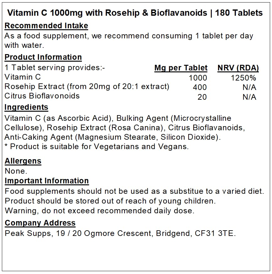 Peak Supps Vitamin C 1000mg 180 Tablets | with Rosehip and Bioflavonoids