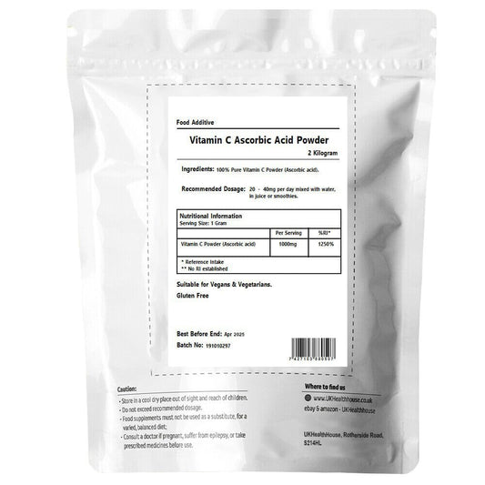 2kg UKHealthHouse 100% Pure Ascorbic Acid - Vitamin C Powder - Anti Oxidant - Food Grade
