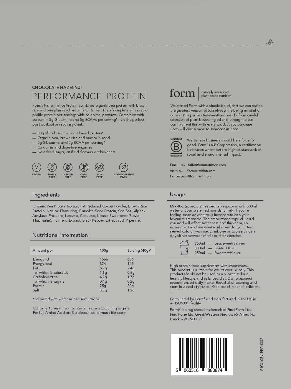 Form Performance Protein - Vegan Protein Powder - 30g of Plant Based Protein per Serving, with BCAAs and Digestive Enzymes. Perfect Post Workout. Tastes Great with Just Water!